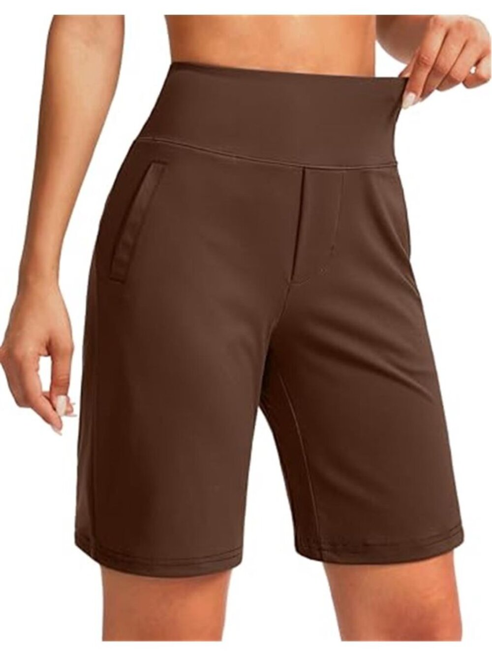 SANTINY Women's Brown High Waisted Bermuda Shorts Knee Length Athletic Shorts